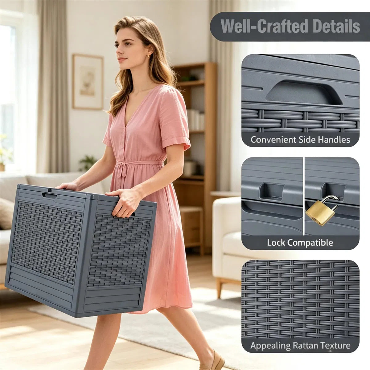 25 Gallon Outdoor Deck Box, Weatherproof PP Storage Chest With Rattan