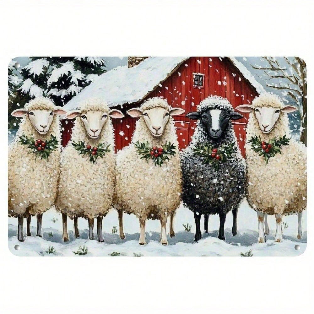 Christmas Red House Sheep Metal Iron Sign, Rustic Winter Snow Wall