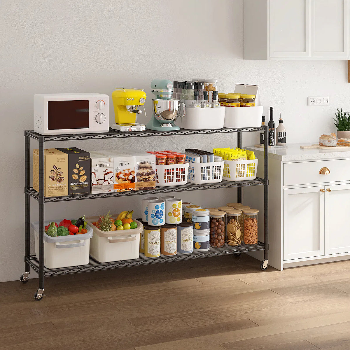3-tier, Adjustable Shelf Spacing, With Adjustable Feet And Wheels, Iron