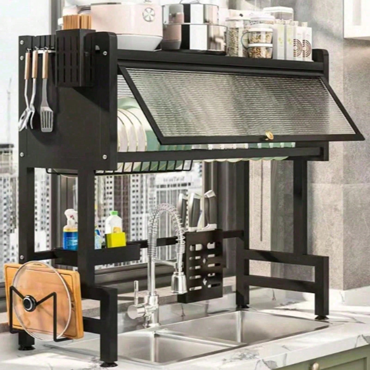 Double Tier Countertop Dish Draining Rack, Kitchen Sink Storage Shelf