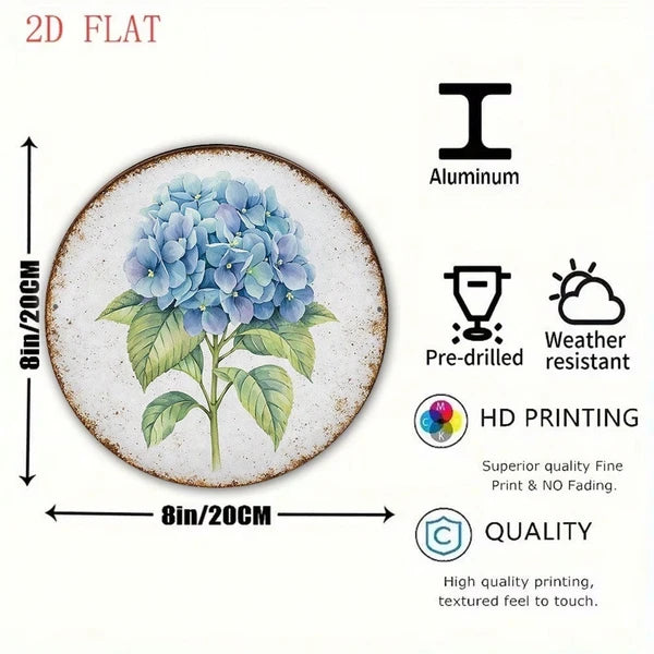 1pc Vintage Blue Hydrangea Round Sign 8x8in, "" Round Sign 8x8in, 8x8in