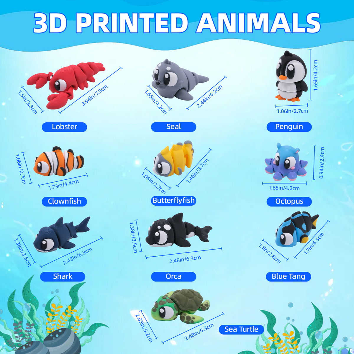 10PCS 3D Printed Ocean Animal Figurine Set, Mini Sea Creature