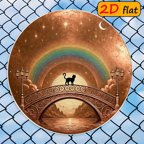 2D Flat Round Aluminum Sign 7.87x7.87 Inch, "" Black Cat On Arch Bridge