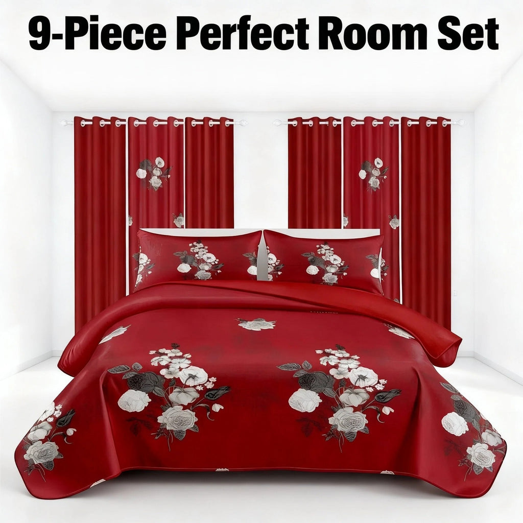 9-Piece Red Floral Quilt And Curtain Set, Reversible Microfiber