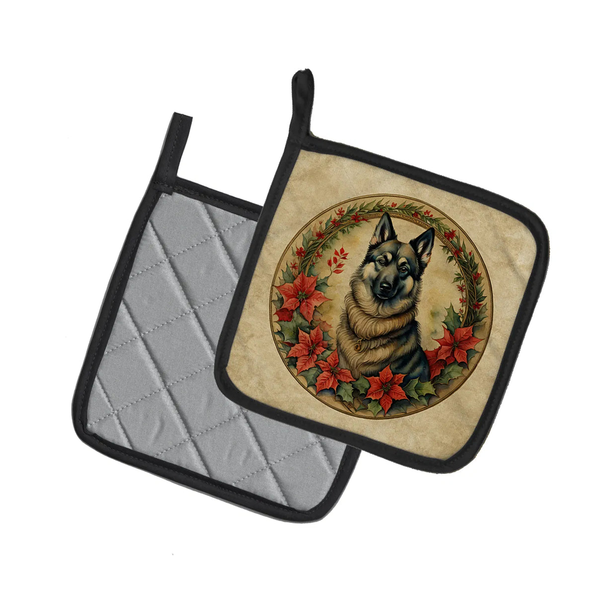Norwegian Elkhound Christmas Flowers Pair Of Pot Holders Kitchen Heat