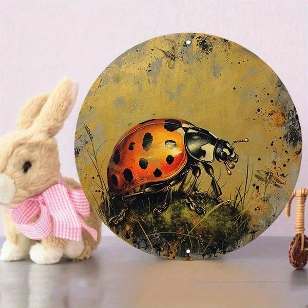 1pc 8x8 Inch Round Aluminum Metal Sign, Golden Ladybug Wall Decor