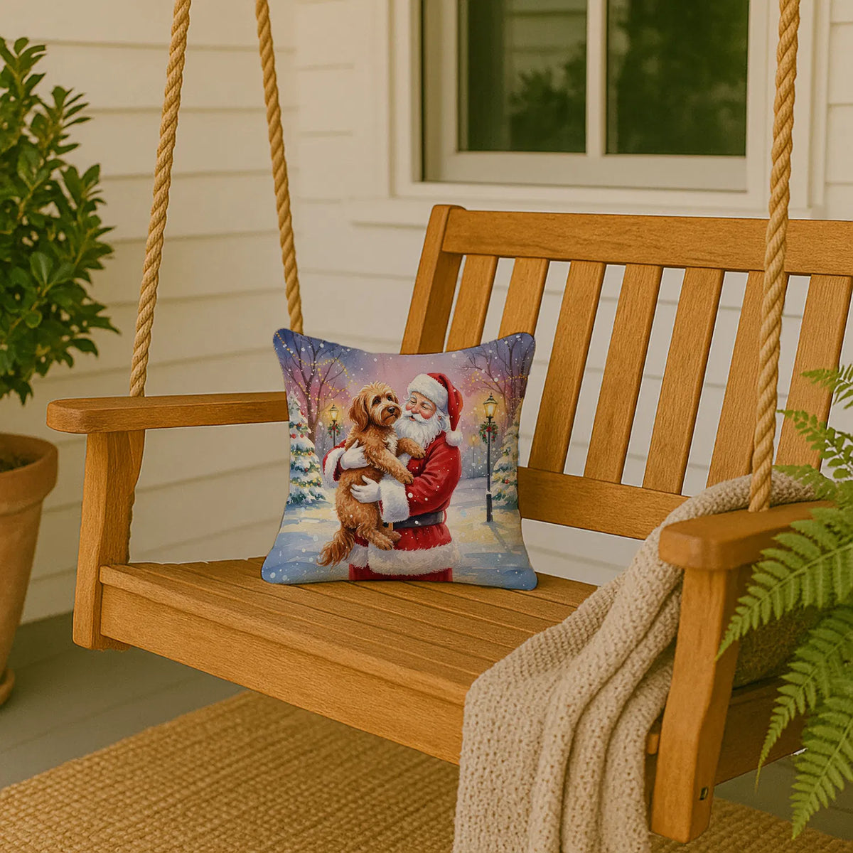 Labradoodle With Santa Claus Throw Pillow Decorative Indoor Outdoor