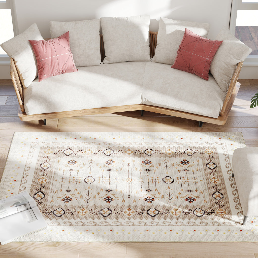 Machine Washable Area Rug 4x6, Non-slip Boho Flannel Print Floor Carpet