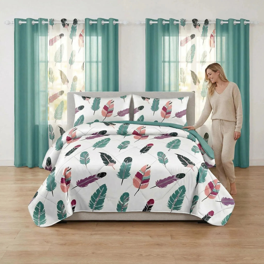9-Piece Boho Feather Bedding & Curtain Set - Quilted Microfiber