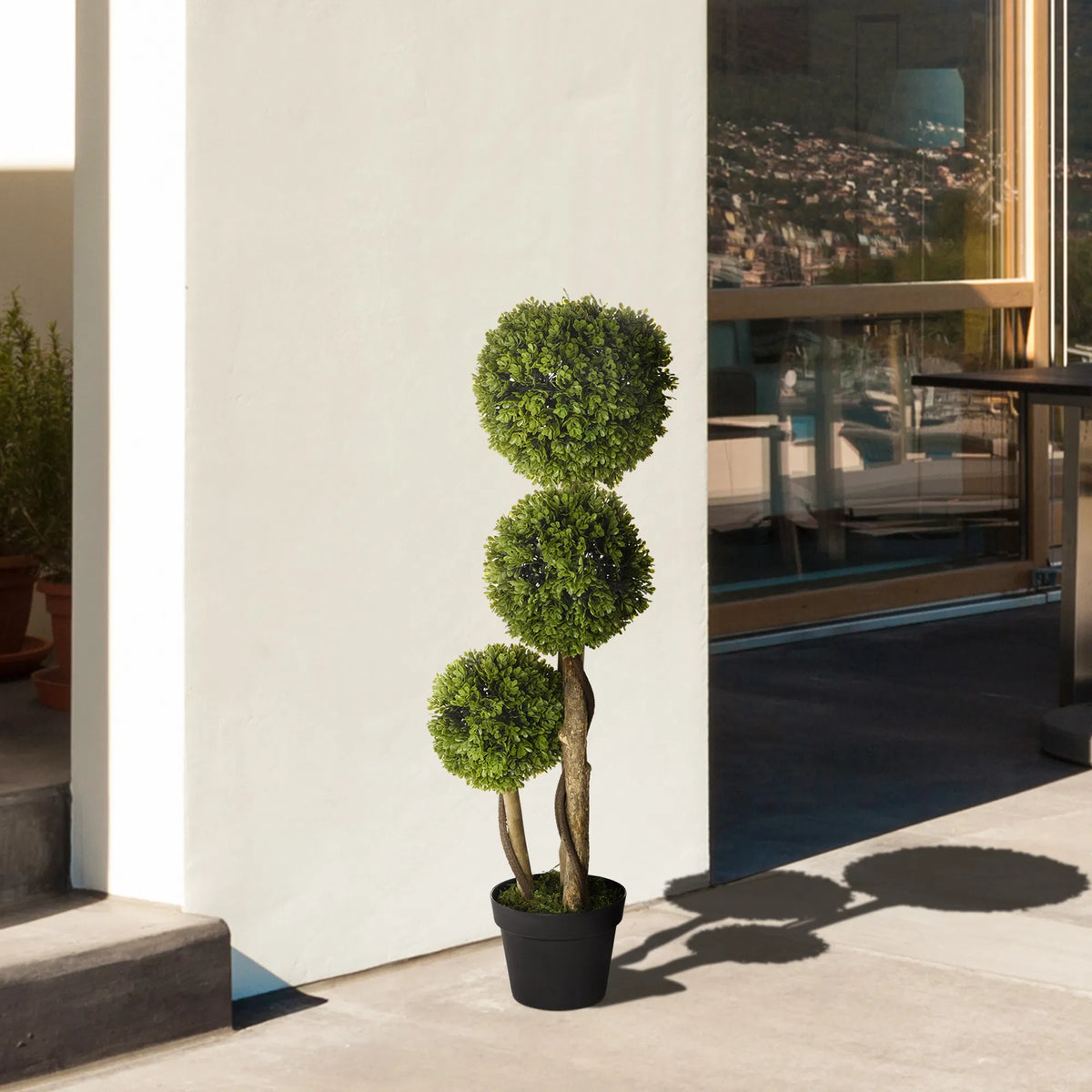 3FT Potted Fake Plant, Artificial Boxwood Topiary Tree, Triple Ball