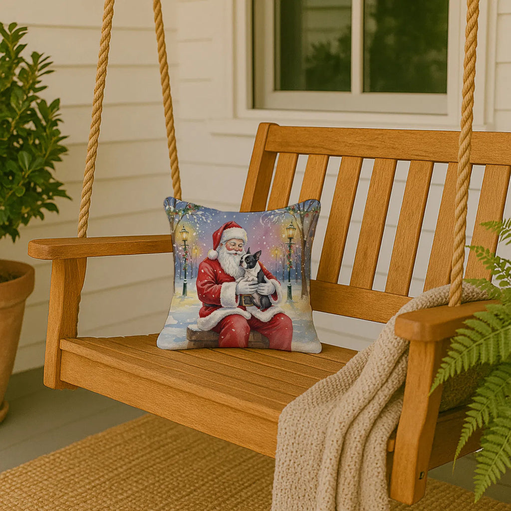 Boston Terrier With Santa Claus Throw Pillow Decorative Indoor Outdoor