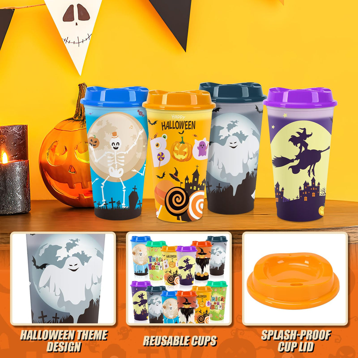 6pcs Halloween Color Changing Cups, 16Oz Reusable Plastic Coffee Cups