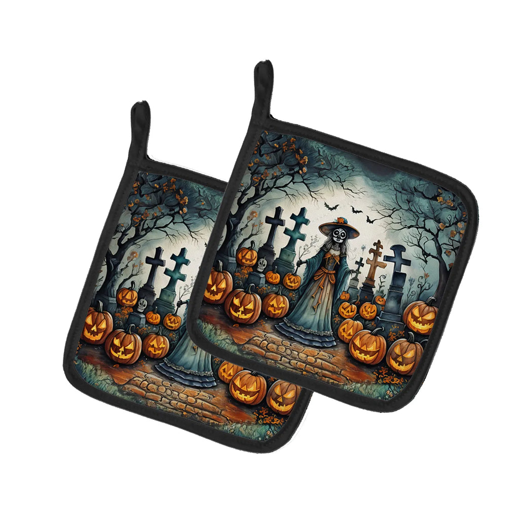 La Catrina Skeleton Spooky Halloween Pair Of Pot Holders Kitchen Heat