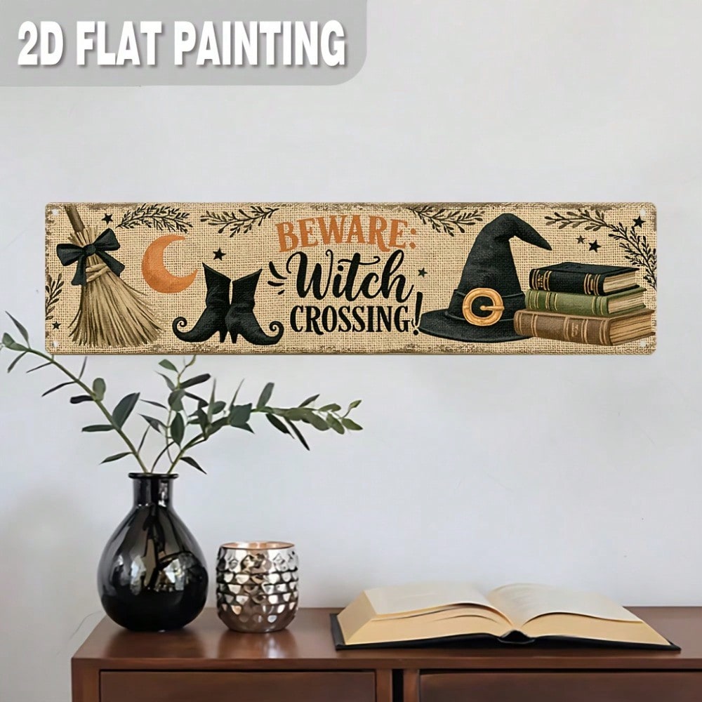 Beware Witch Crossing Metal Sign 2D Flat, Rustic Halloween Entryway