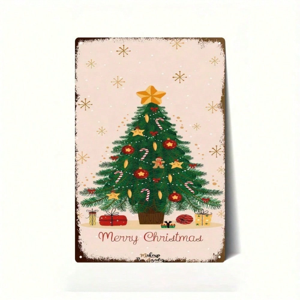1pc Vintage Metal Christmas Tree Sign, Sign, Retro Holiday Merry