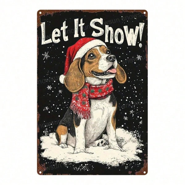 Vintage Metal Sign 2D Flat Christmas Beagle Snow Scene Wall Decor,8X12