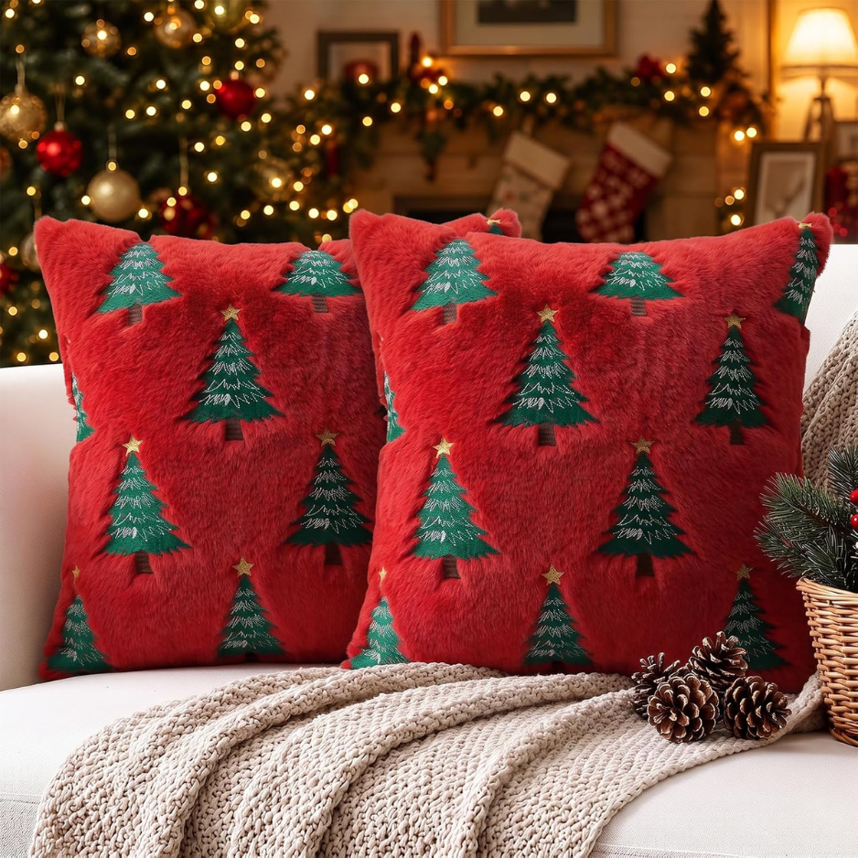 Christmas Tree Throw Pillow Covers 18x18 Set Of 2-Red