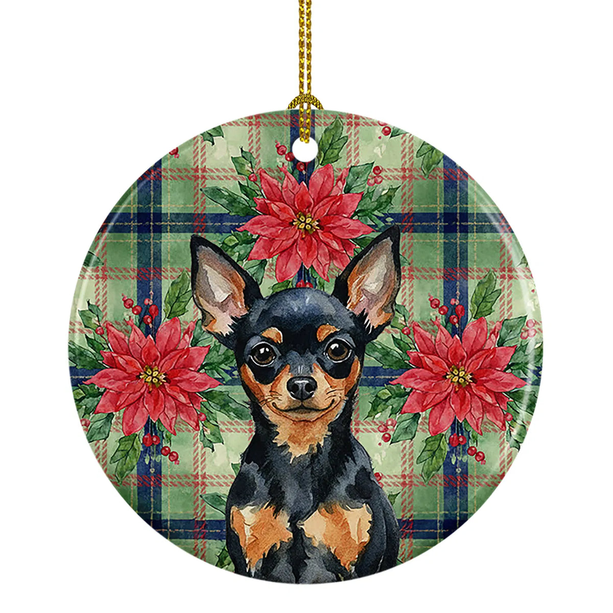 Black And Tan Russian Toy Christmas Poinsettias Ceramic Ornament