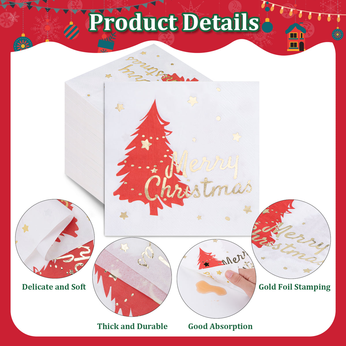 80 Pcs Christmas Napkins, Disposable Printed Xmas Tree Cocktail Napkins