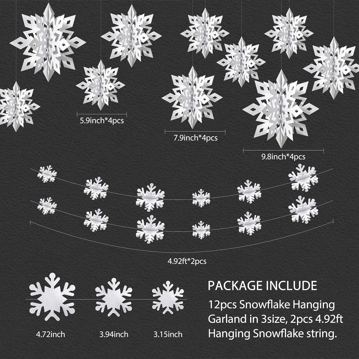 White Paper Snowflake Decorations 14 Units, Hanging Christmas Decor