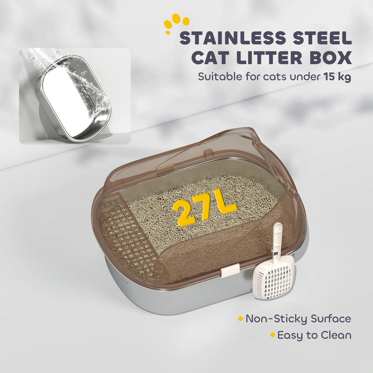 Stainless Steel Cat Litter Box With High Sided Enclosure, Steps & Scoop