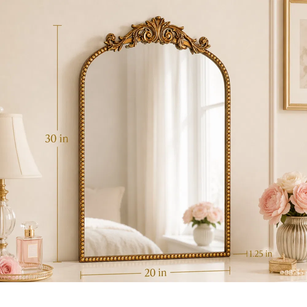 30 X 20 Antique Gold Arch Wall Vanity Mirror, Ornate Vintage Baroque