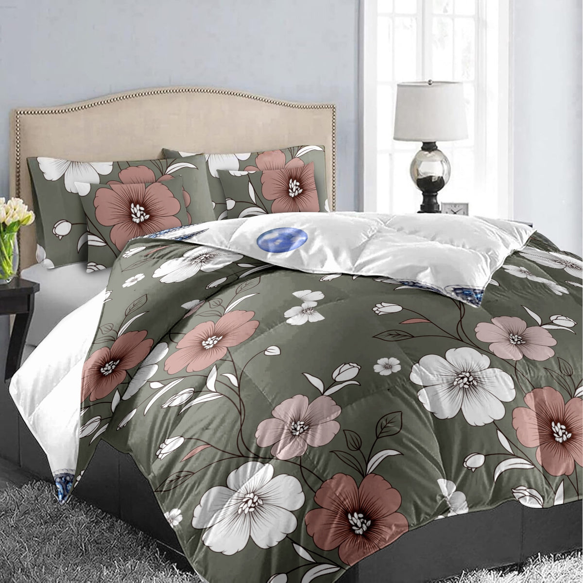 5 Piece Reversible Duvet Cover Set, US Designer Sage Green Vintage