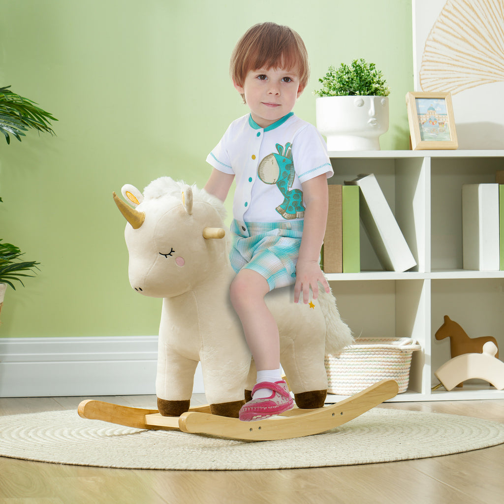 Kids Rocking Horse, Ride On Unicorn With Realistic Sounds & Wooden Base