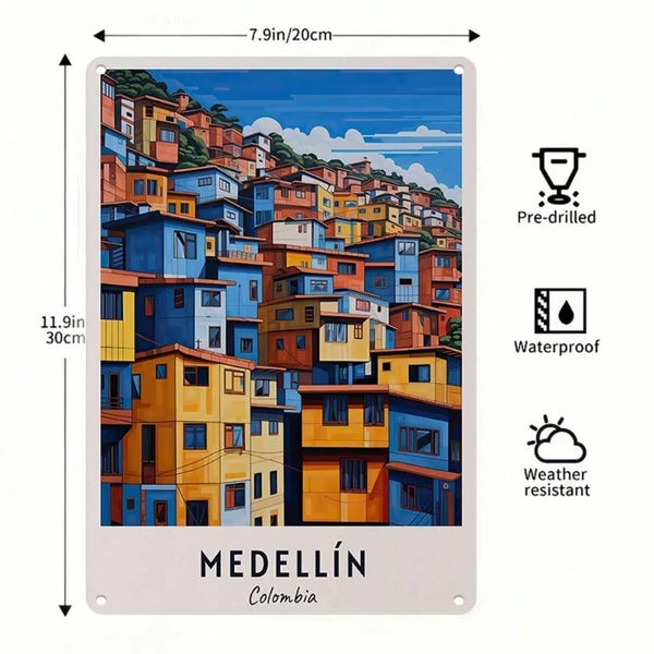 1pc Retro Medellin Colombia Travel Metal Tin Sign, Vibrant Hillside
