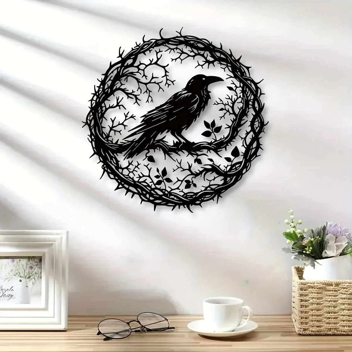 Gothic Black Metal Crow Wall Art - Vintage Industrial Iron Bird
