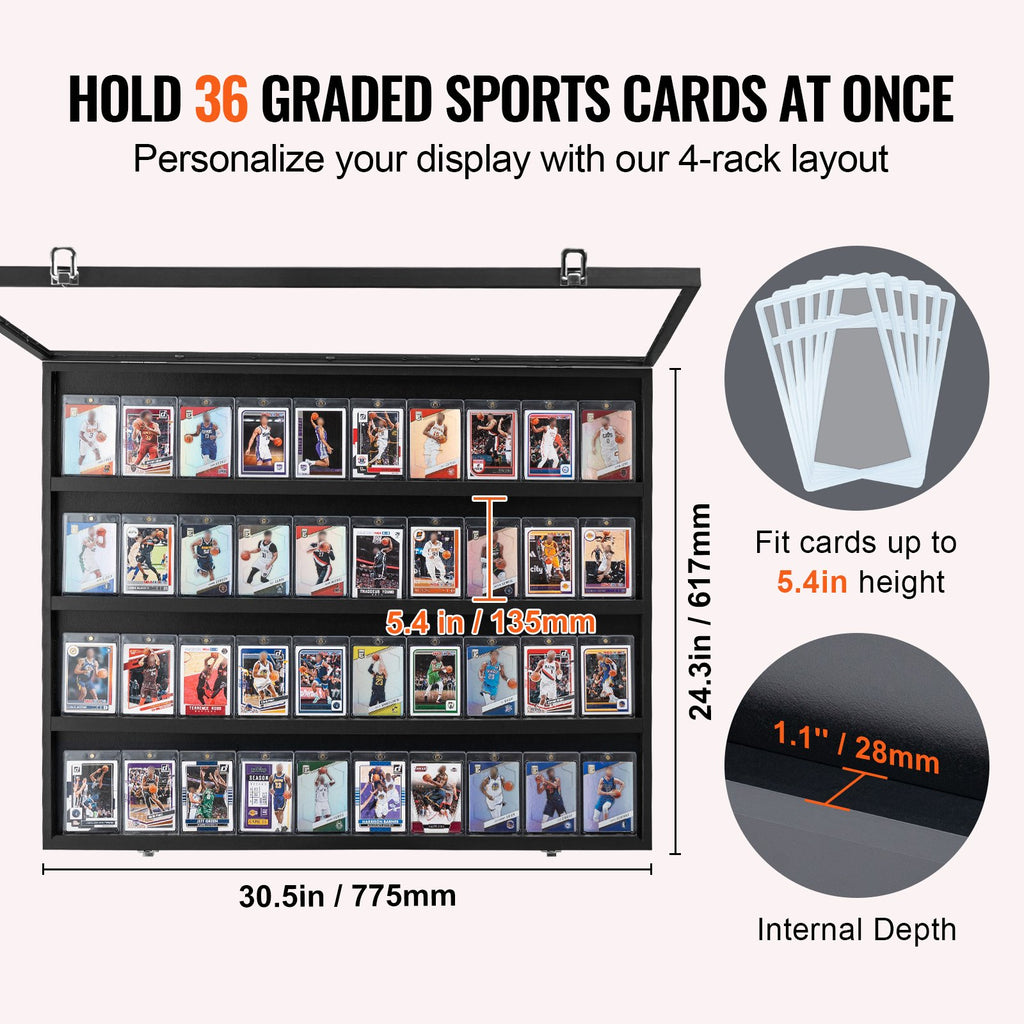 36 Graded Sports Card Display Case, 30.5x24.3x2.1 In, Baseball Card