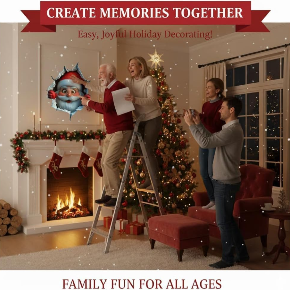 3D Wall Breaking Santa Claus Sticker, Christmas Creative Wall Sticker
