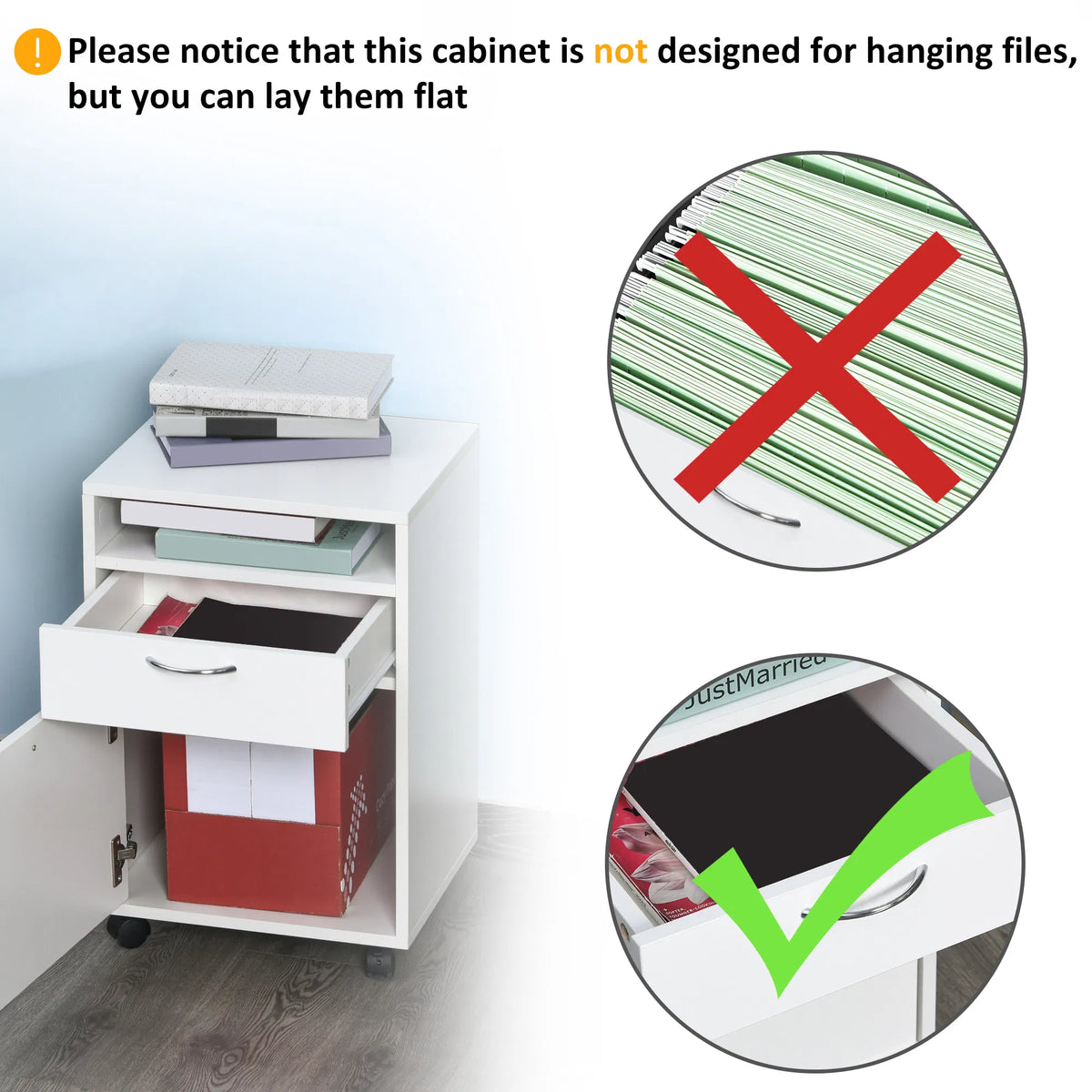 24" Small Filing Cabinet With Open Compartment, Drawer And Wheels, Home