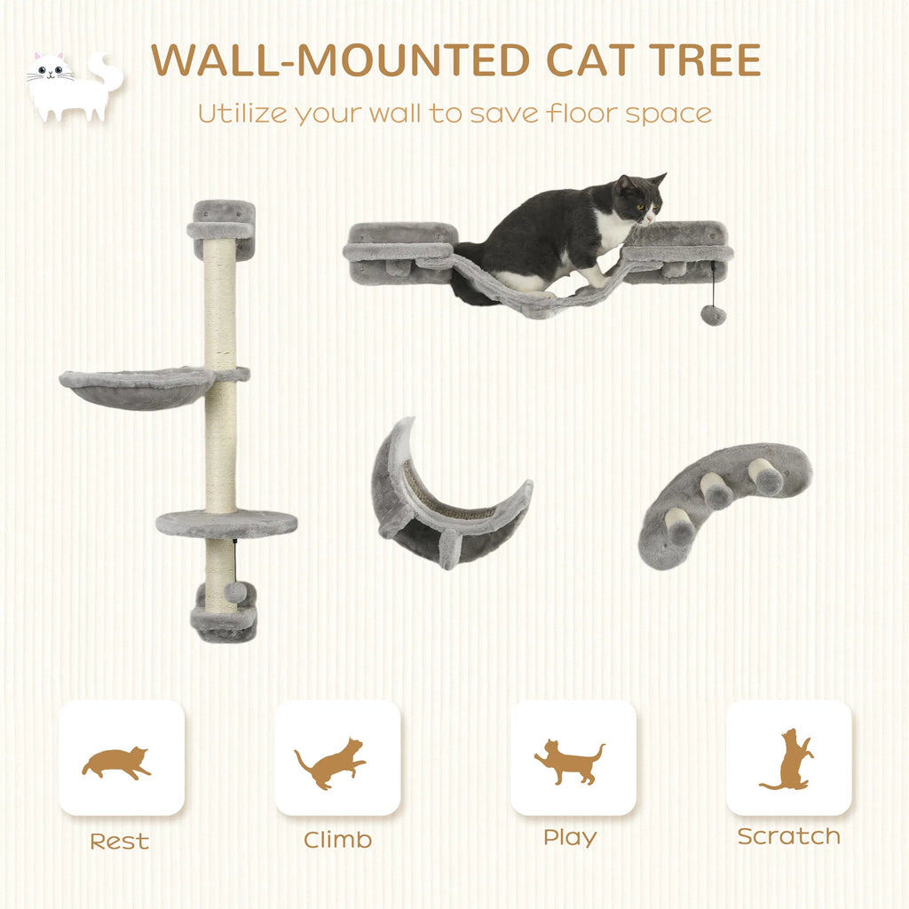 4Pcs Cat Wall Shelf With Scratching Post, Cat Wall Shelves For Relaxing