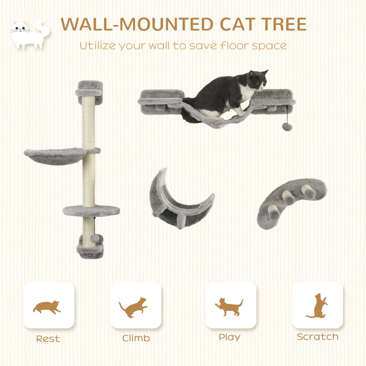4Pcs Cat Wall Shelf With Scratching Post, Cat Wall Shelves For Relaxing