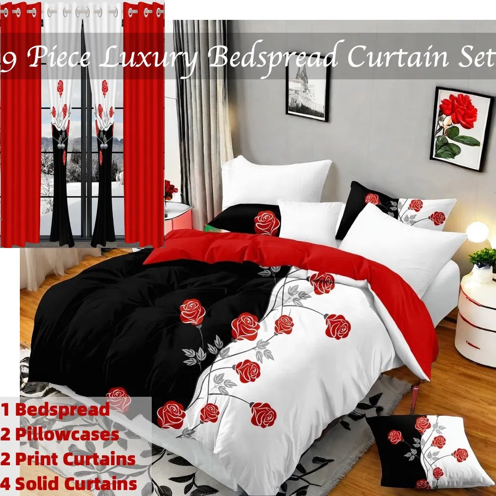 9-Piece Red Rose Bedding & Curtain Set - Quilted Microfiber Bedspread +