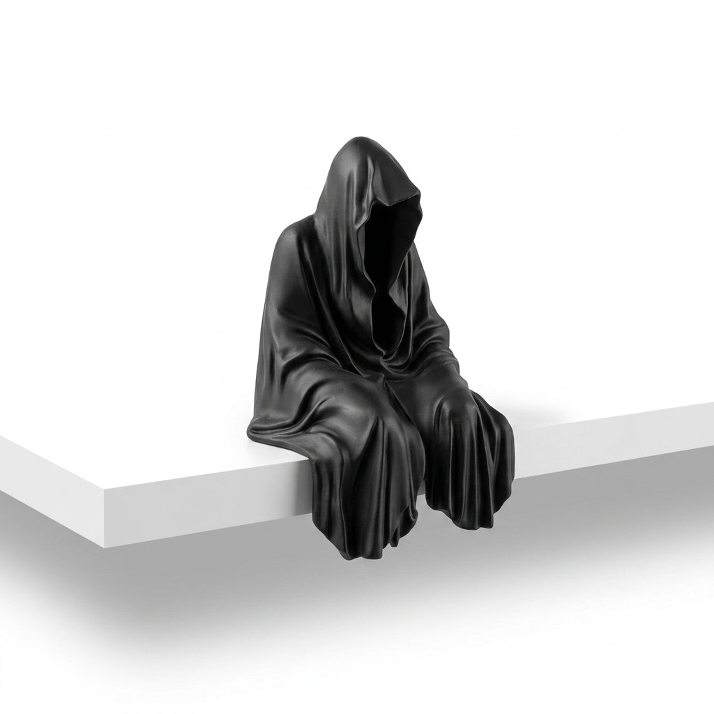 Black Hooded Shelf Sitter Figurine, Gothic Desktop Decor, Faceless
