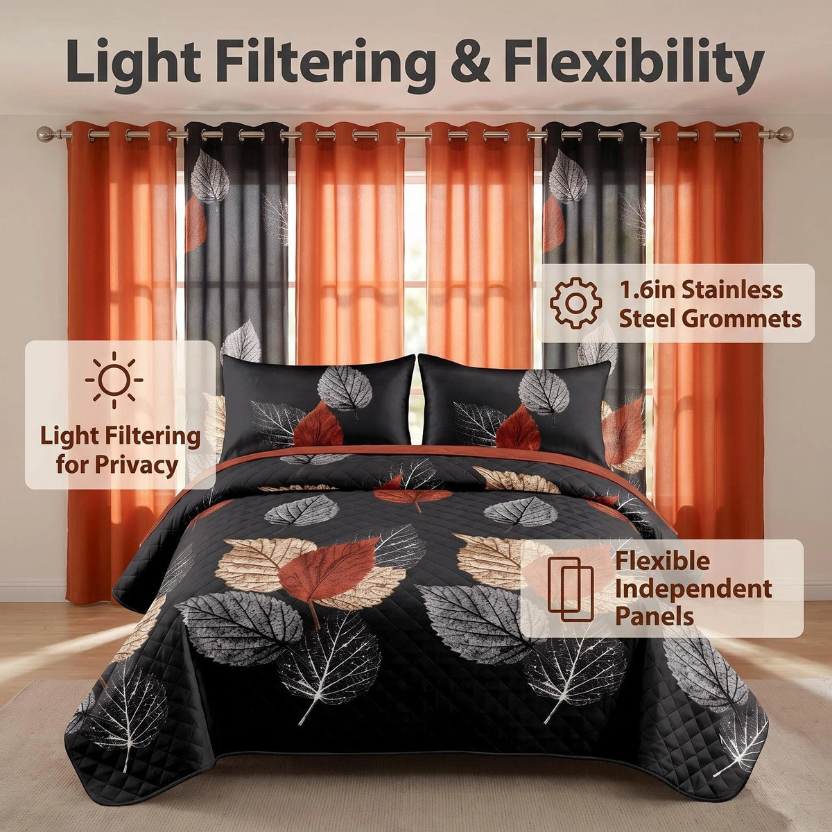 9-Piece Brown And Black Leaf Quilted Bedspread And Curtain Set