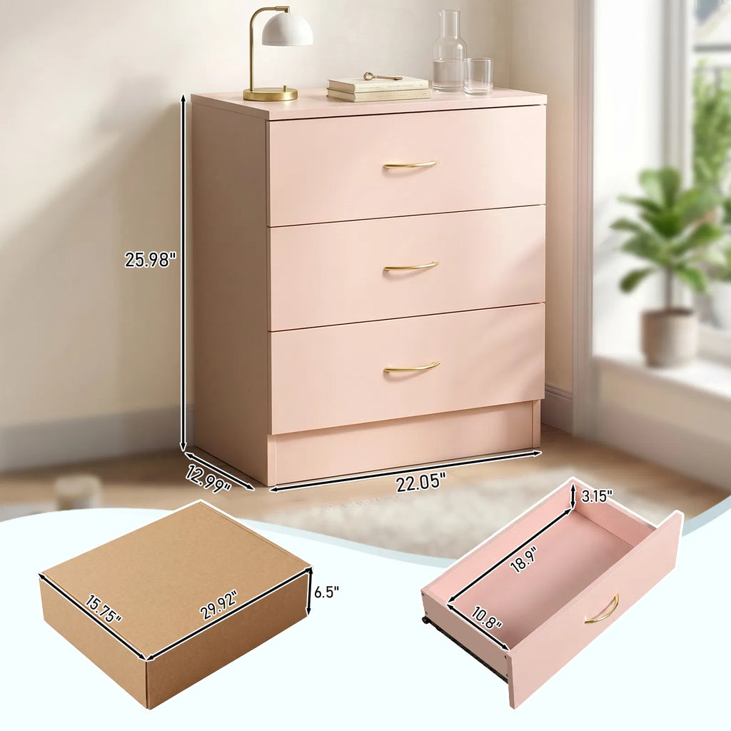 3-Drawer Chest With Faux Rose Gold Handles Drawer Dresser