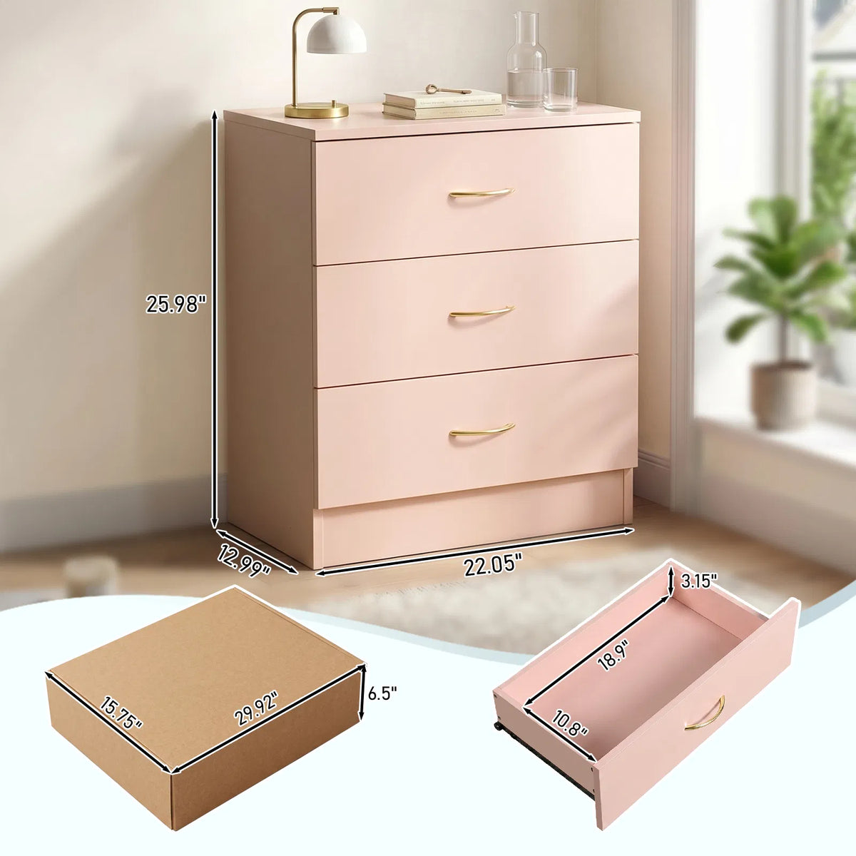 3-Drawer Chest With Faux Rose Gold Handles Drawer Dresser