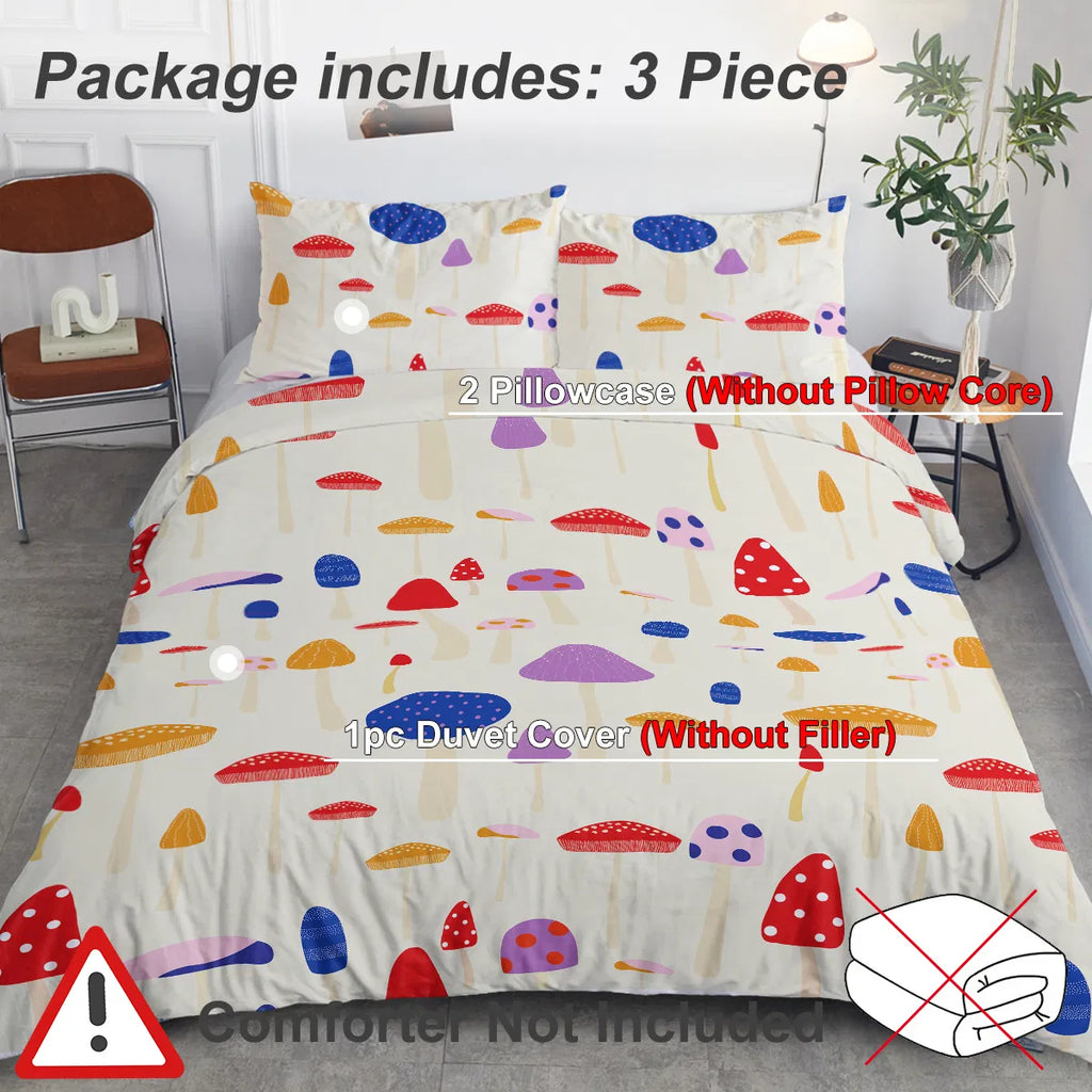 Mushroom Duvet Cover Set Full Size, 3 Pieces Colorful Cartoon Mushroom