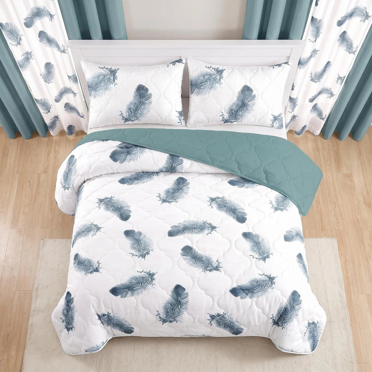 9-Piece Blue Feather Bedspread And Curtain Set, Reversible Microfiber