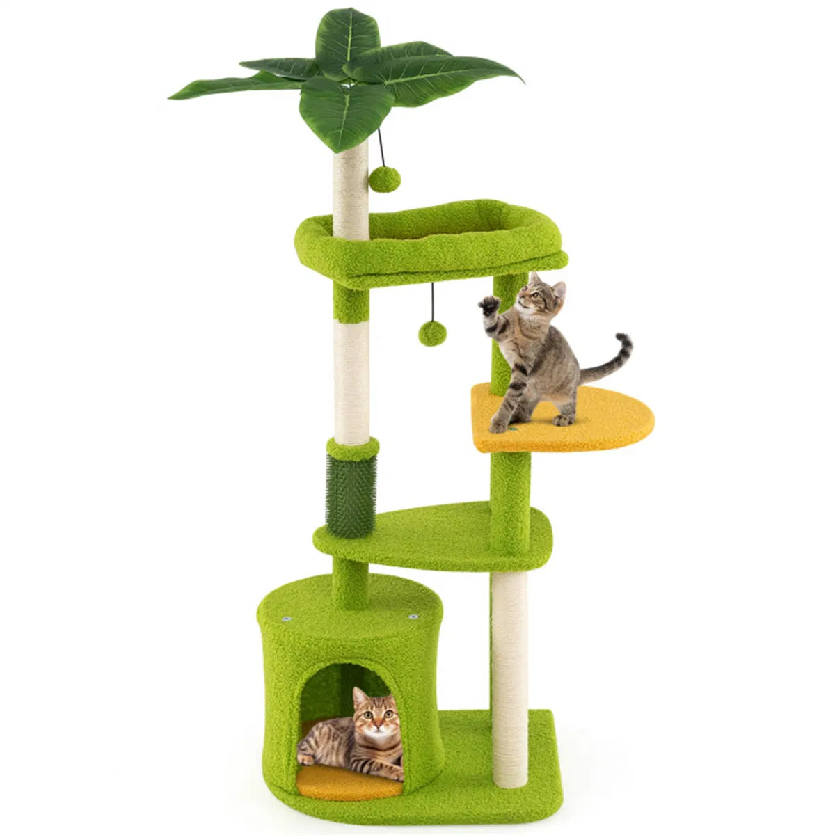 48" Cat Tree With Tropical Leaves - Self-groomer & Scratching Posts