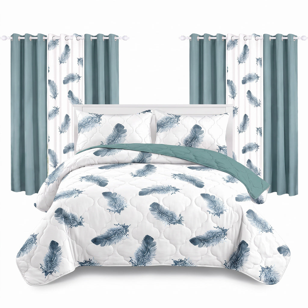 9-Piece Blue Feather Bedspread And Curtain Set, Reversible Microfiber