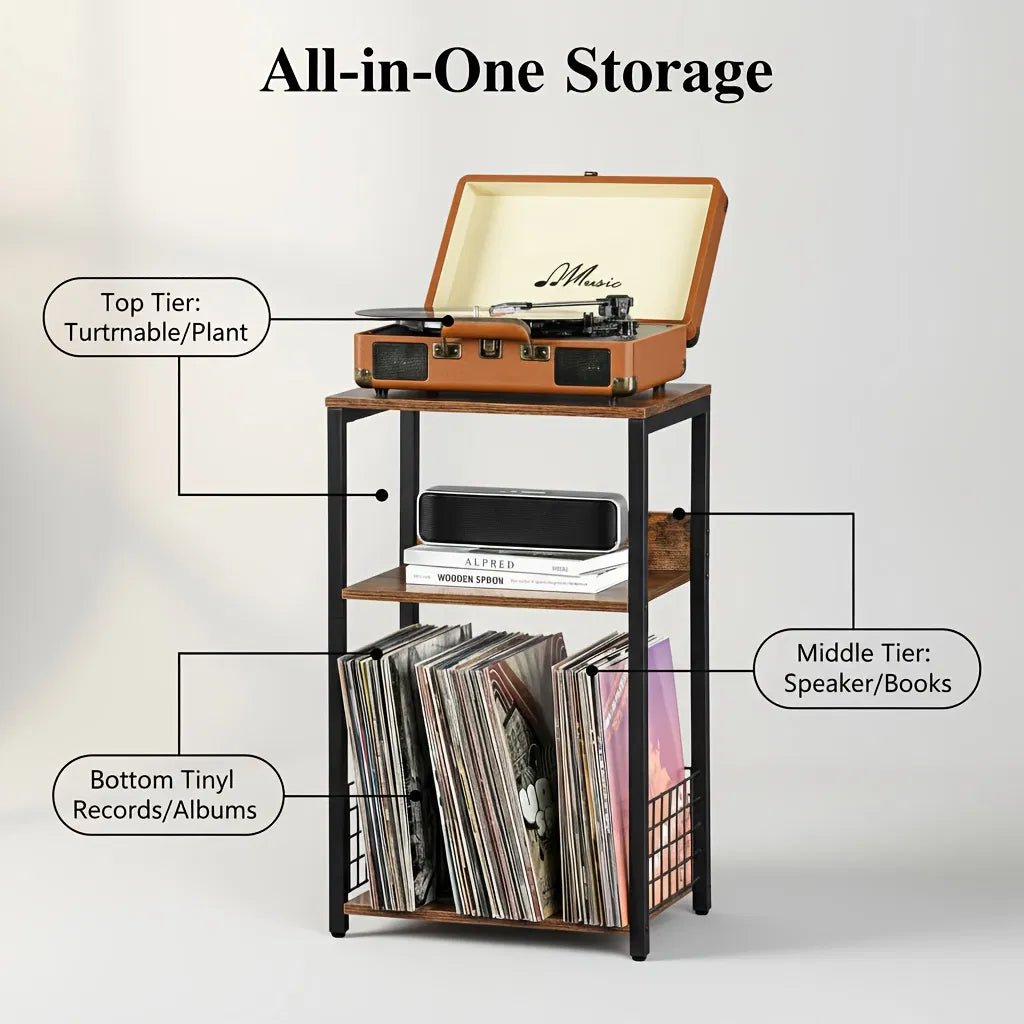 3-Tier Turntable Stand With Vinyl Storage For 100 Albums, Combined CD