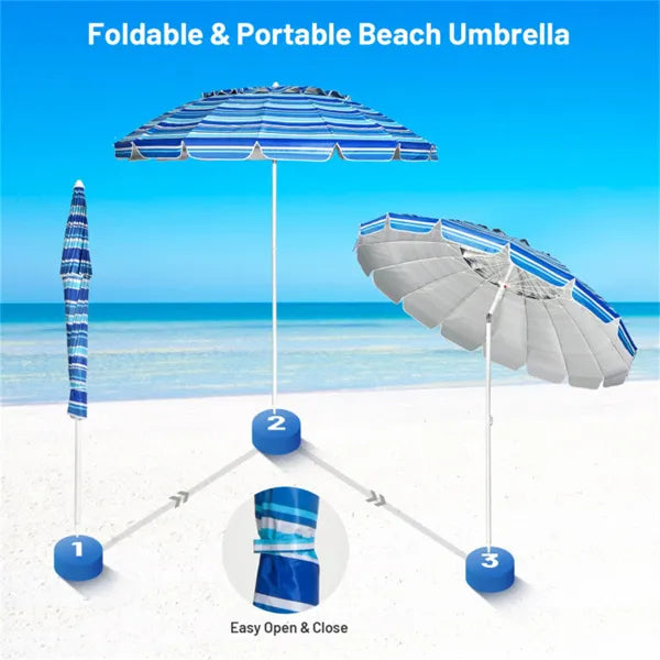 8 Ft Beach Umbrella With UV Protection – 16-Ribbed Windproof Frame