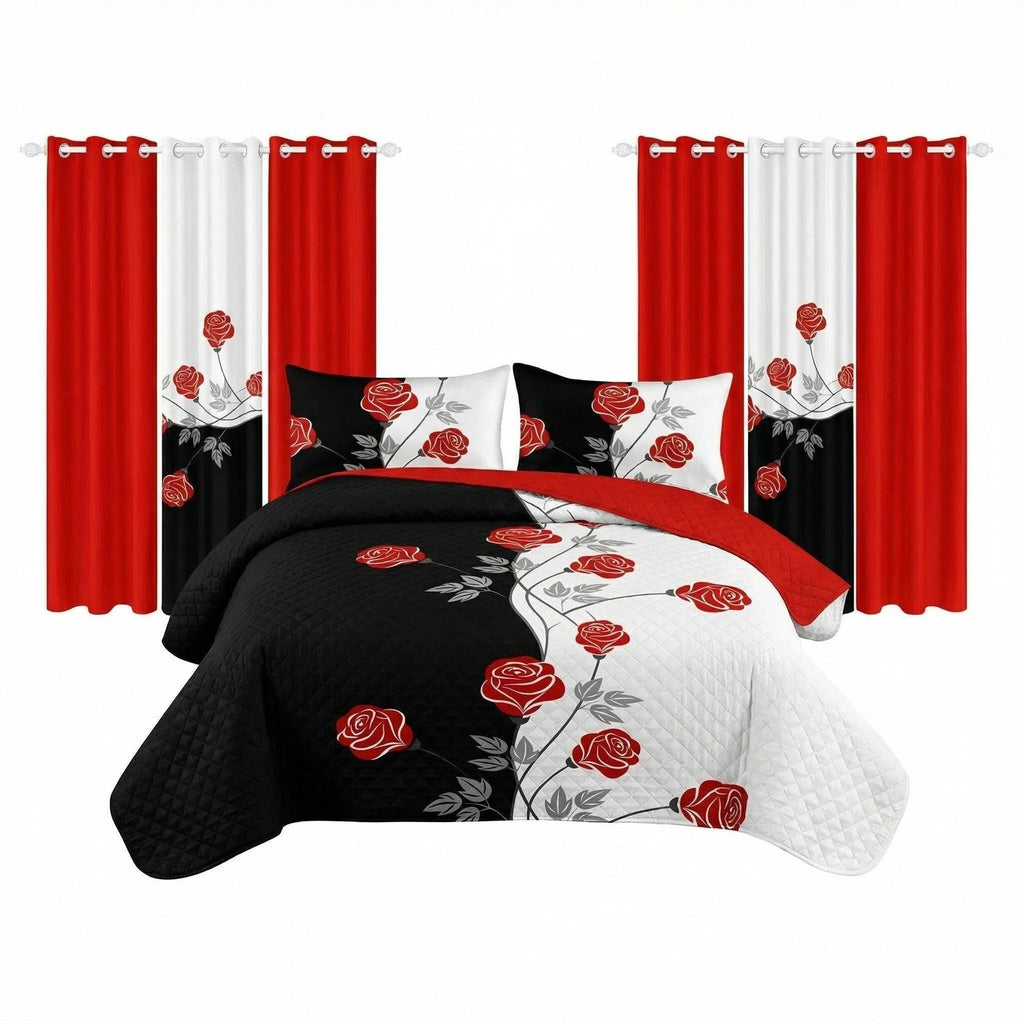 9-Piece Black And White Red Floral Quilt And Curtain Set, Reversible