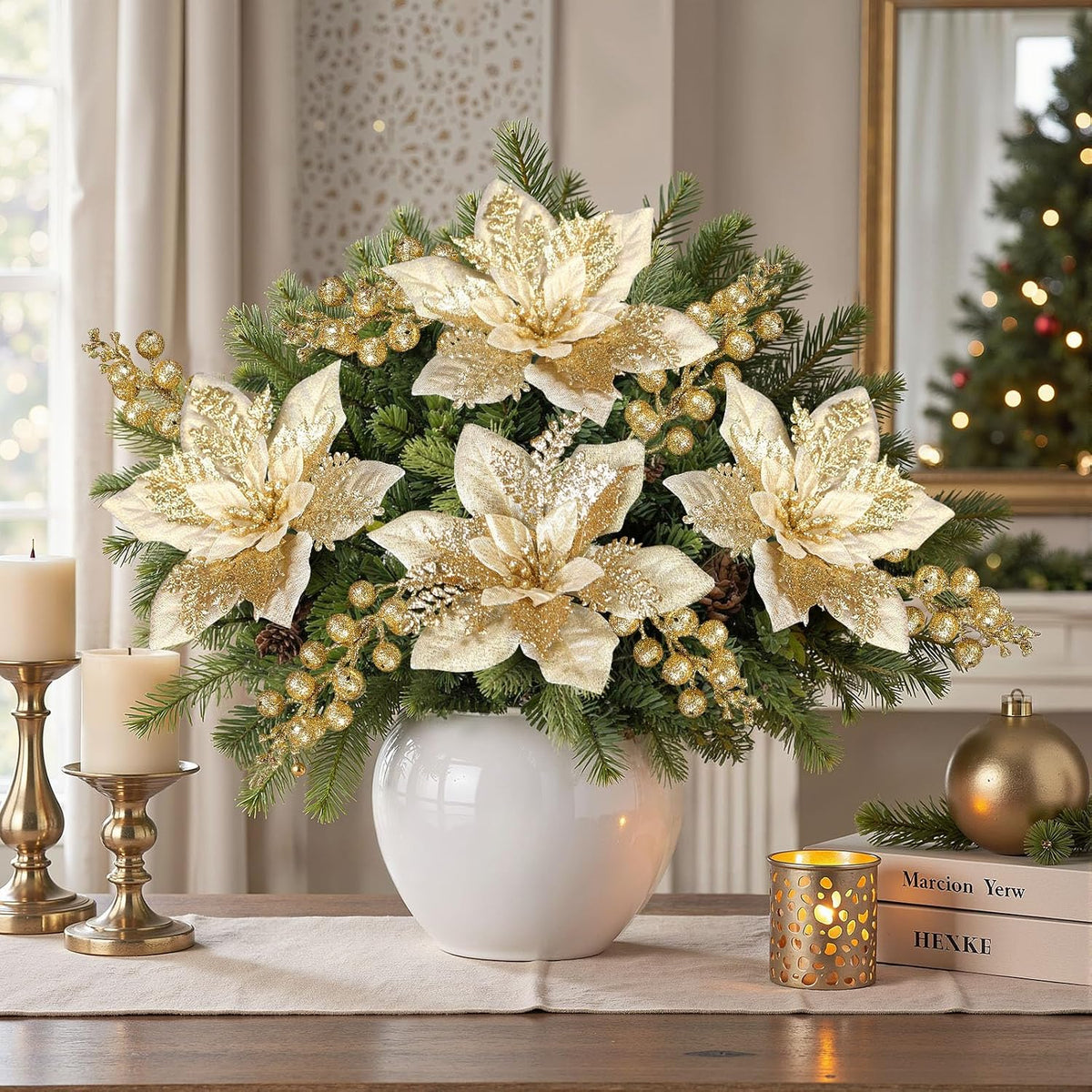Artificial Christmas Poinsettia Flowers And Berries 24 Units, Faux