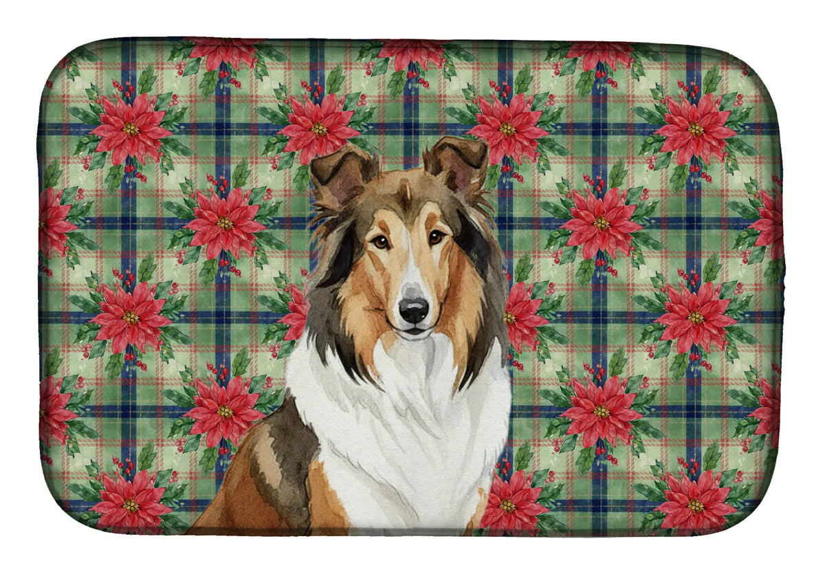 Sable Collie Christmas Poinsettias Dish Drying Mat Absorbent Dish