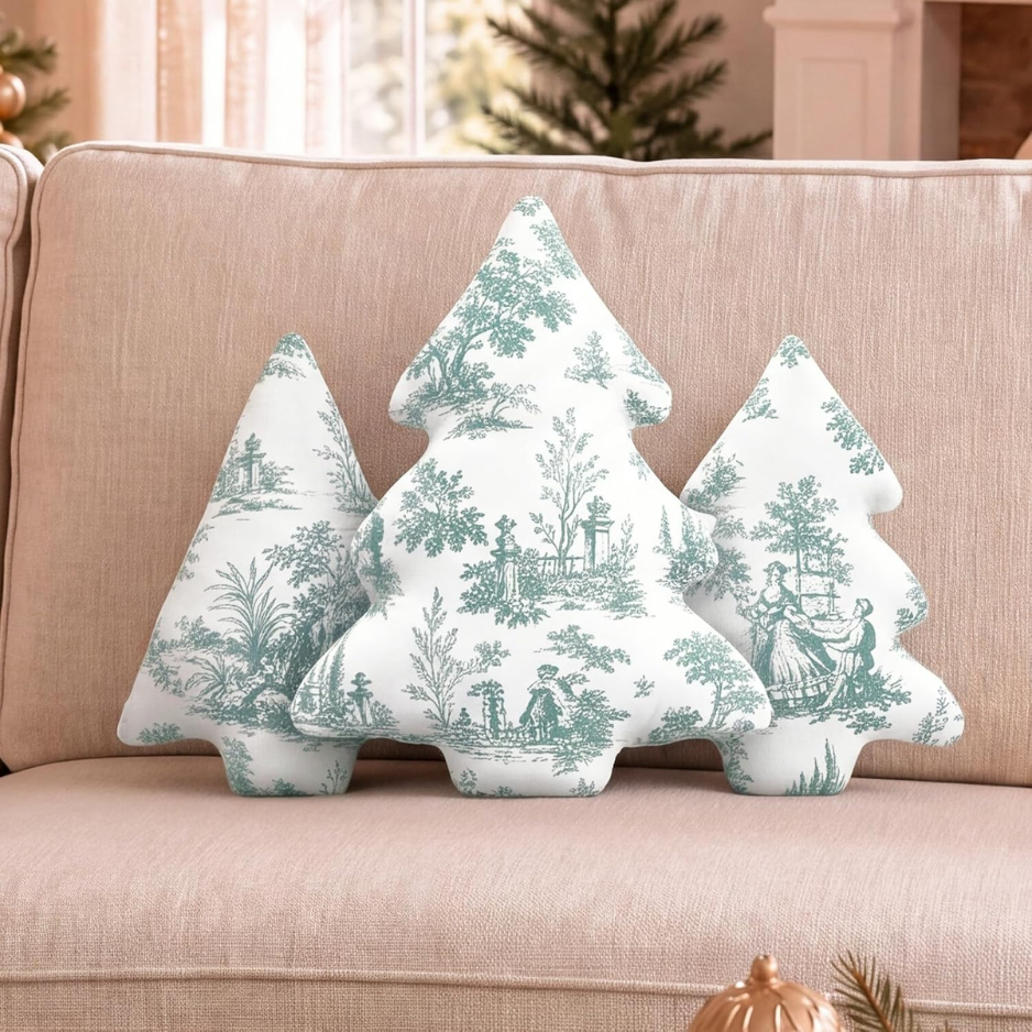 3 Pcs Sage Green Toile Christmas Tree Pillows Vintage Cushion Decor